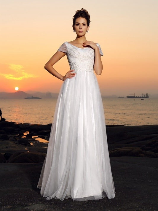 A-Line/Princess Off-the-Shoulder Beading Short Sleeves Long Tulle Beach Wedding Dresses DFP0006636