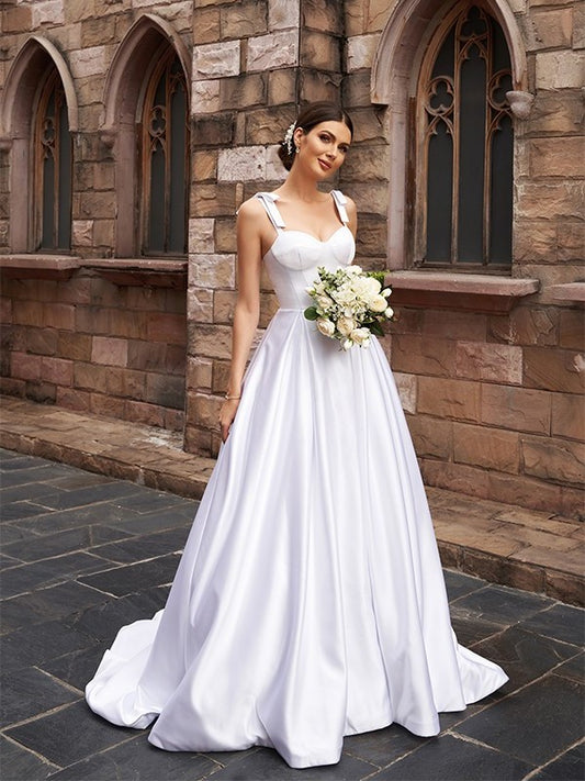 A-Line/Princess Satin Ruffles Straps Sleeveless Sweep/Brush Train Wedding Dresses DFP0006084