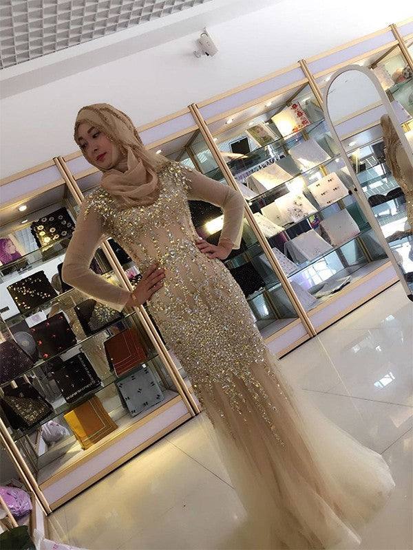 Sheath/Column Long Sleeves Scoop Floor-Length Sequin Tulle Muslim Dresses DFP0003104