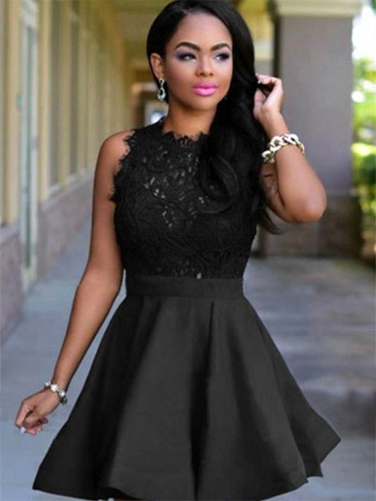 A-Line Jewel Cut Short With Lace Satin Black Homecoming Dresses DFP0008494