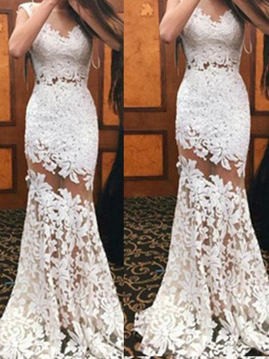 Trumpet/Mermaid Scoop Sleeveless Sweep/Brush Train Lace Dresses DFP0001967