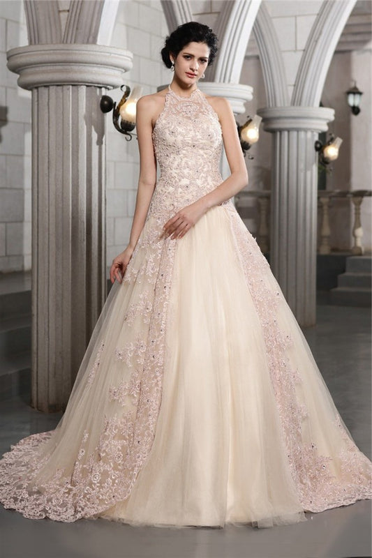A-Line/Princess High Neck Sleeveless Beading Applique Long Net Wedding Dresses DFP0006620