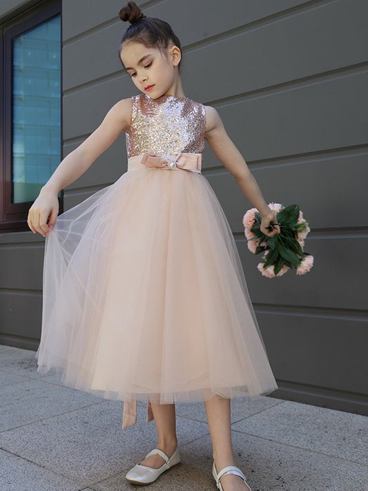 A-Line/Princess Tulle Bowknot Scoop Sleeveless Tea-Length Flower Girl Dresses DFP0007463