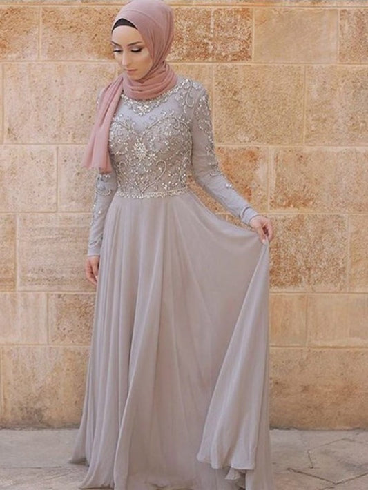 A-Line/Princess Long Sleeves Scoop Sweep/Brush Train Crystal Tulle Muslim Dresses DFP0003330