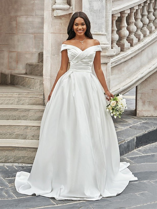 A-Line/Princess Off-the-Shoulder Ruched Sleeveless Satin Court Train Wedding Dresses DFP0005936