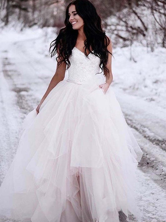 A-Line/Princess Ruched Tulle V-neck Sleeveless Floor-Length Wedding Dresses DFP0005916