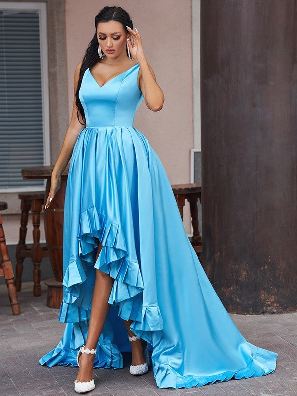 A-Line/Princess Satin Ruffles V-neck Sleeveless Asymmetrical Dresses DFP0001559