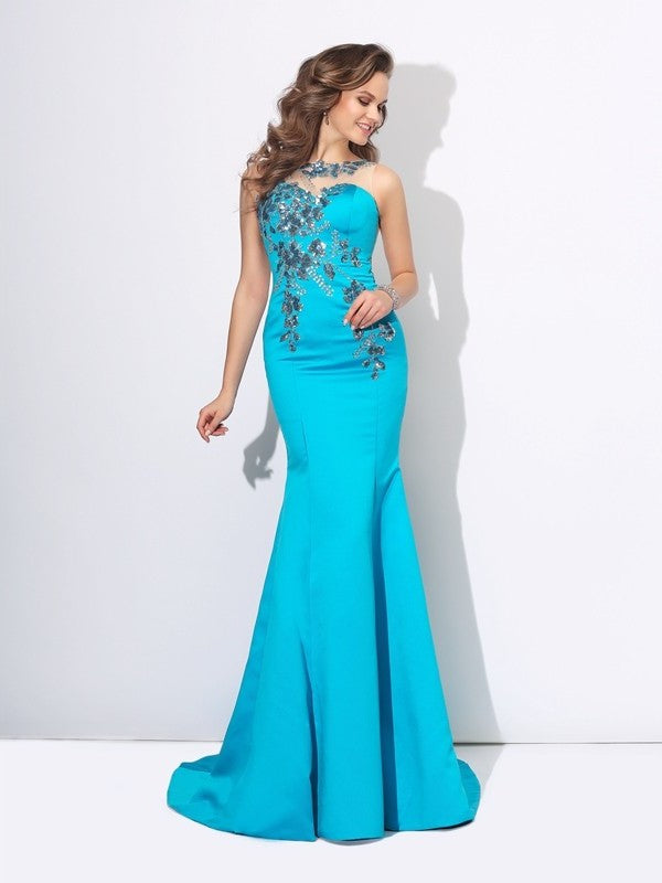 Trumpet/Mermaid Scoop Applique Sleeveless Long Satin Dresses DFP0002907