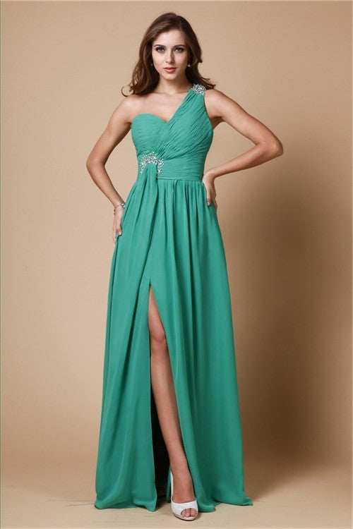 A-Line/Princess One Shoulder Sleeveless Beading Long Chiffon Dresses DFP0004662