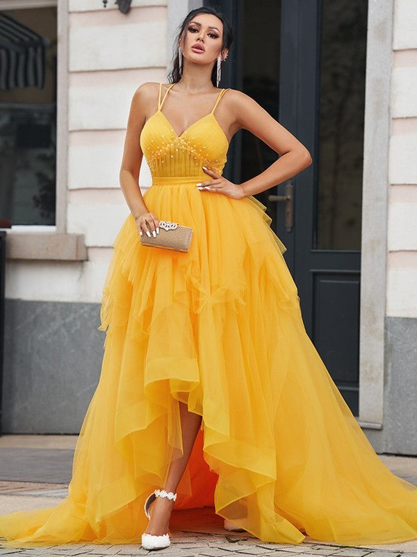 A-Line/Princess Tulle Ruffles V-neck Sleeveless Asymmetrical Dresses DFP0001550