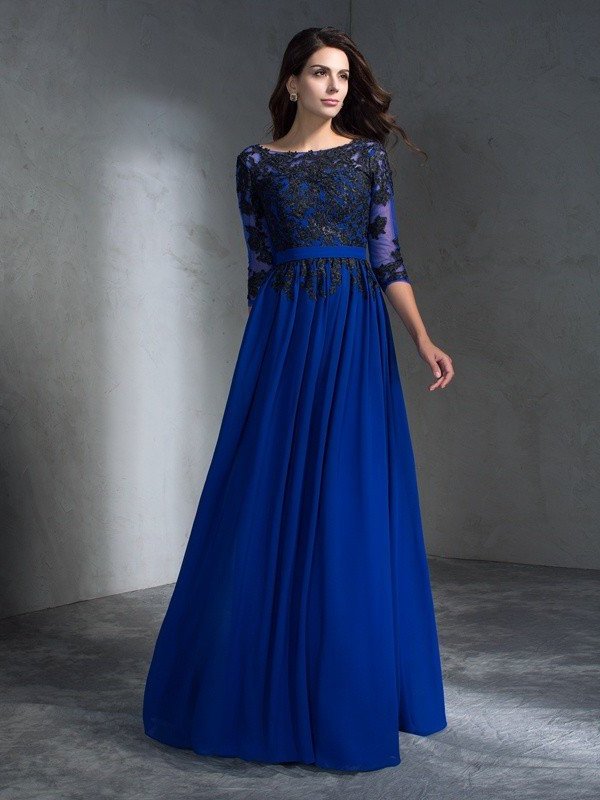 A-Line/Princess Scoop Applique 3/4 Sleeves Long Chiffon Dresses DFP0002930