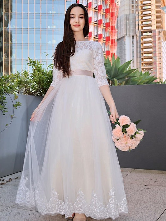A-Line/Princess Lace Applique Scoop 3/4 Sleeves Floor-Length Junior Bridesmaid Dresses DFP0005859