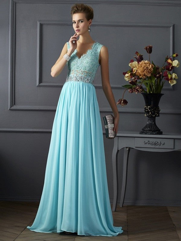 A-Line/Princess Straps Sleeveless Beading Lace Long Chiffon Dresses DFP0002636