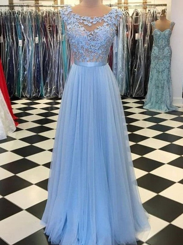 A-Line/Princess Scoop Sleeveless Floor-Length Applique Tulle Dresses DFP0002821