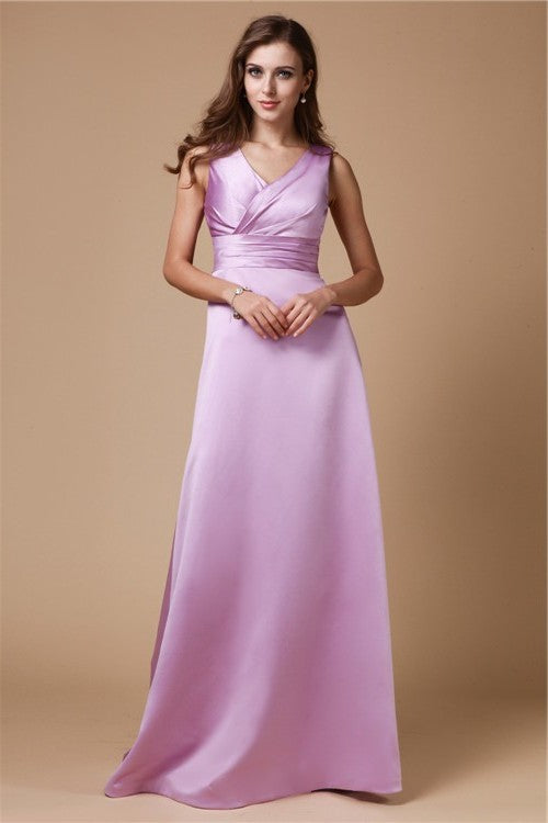 A-Line/Princess V-neck Long Sleeveless Elastic Woven Satin Bridesmaid Dresses DFP0005409