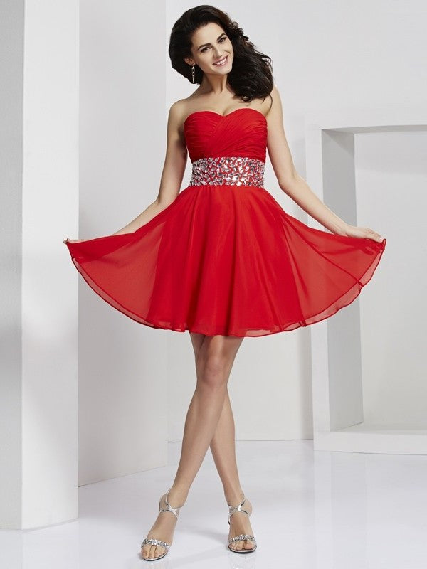 A-Line/Princess Sweetheart Sleeveless Rhinestone Short Chiffon Homecoming Dresses DFP0008431