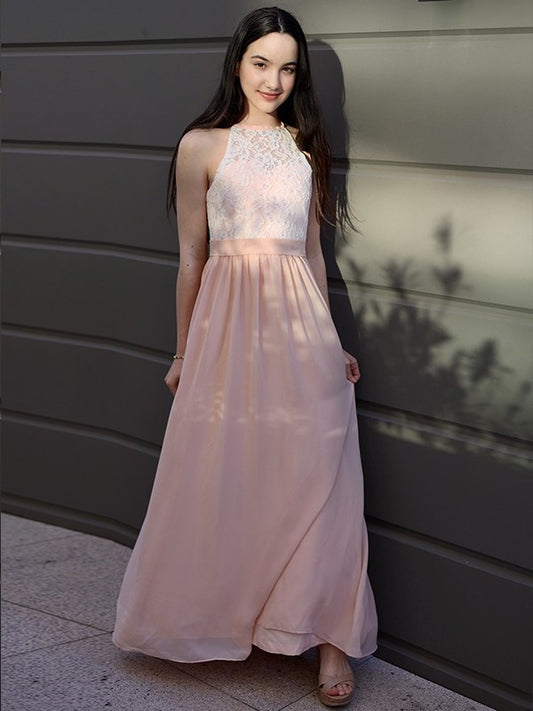A-Line/Princess Chiffon Lace Halter Sleeveless Floor-Length Junior/Girls Bridesmaid Dresses DFP0005832