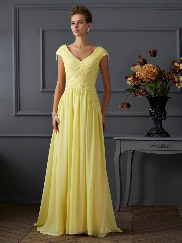 A-Line/Princess V-neck Short Sleeves Pleats Long Chiffon Dresses DFP0003123