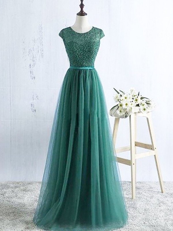 A-Line/Princess Scoop Sleeveless Tulle Floor-Length Dresses DFP0002277