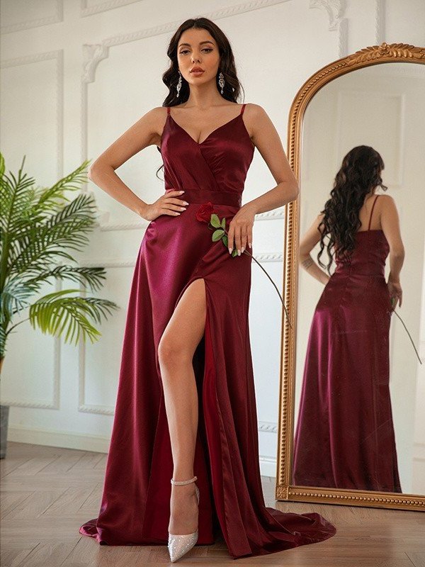 A-Line/Princess Silk like Satin Ruched V-neck Sleeveless Sweep/Brush Train Dresses DFP0001545