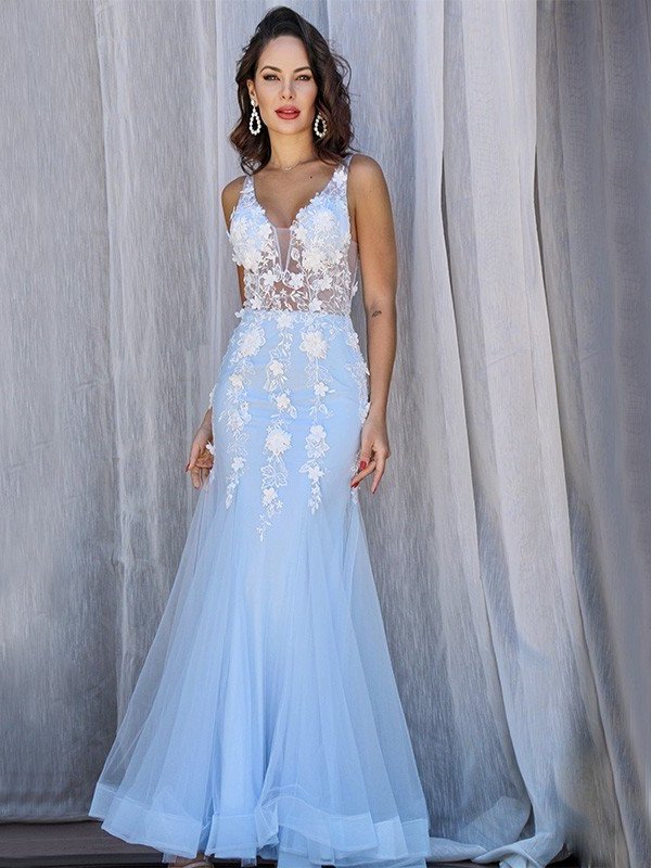 Trumpet/Mermaid Tulle V-neck Sleeveless Applique Floor-Length Dresses DFP0001554