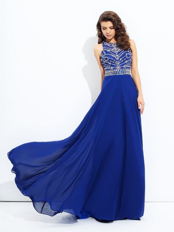 A-line/Princess Scoop Beading Sleeveless Long Chiffon Dresses DFP0002024