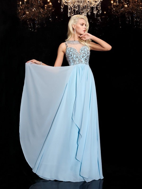 A-line/Princess Scoop Beading Sleeveless Long Chiffon Dresses DFP0002926