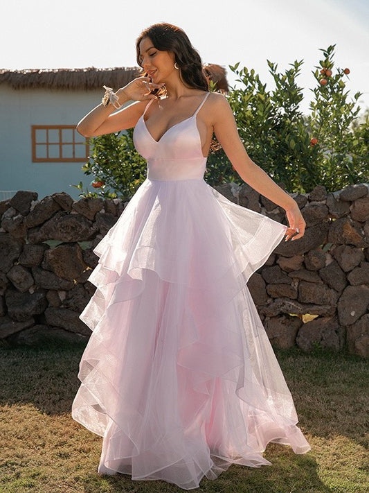 A-Line/Princess Tulle Ruffles V-neck Sleeveless Floor-Length Dresses DFP0001569