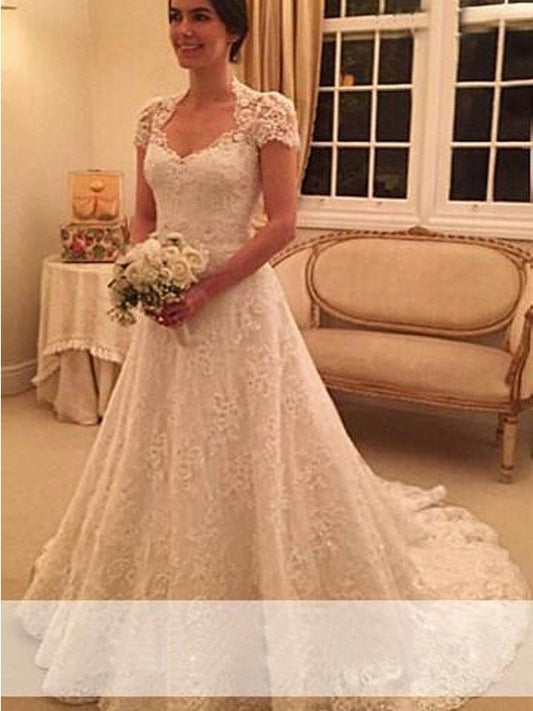 A-Line/Princess Sweetheart Court Train Short Sleeves Lace Wedding Dresses DFP0006164