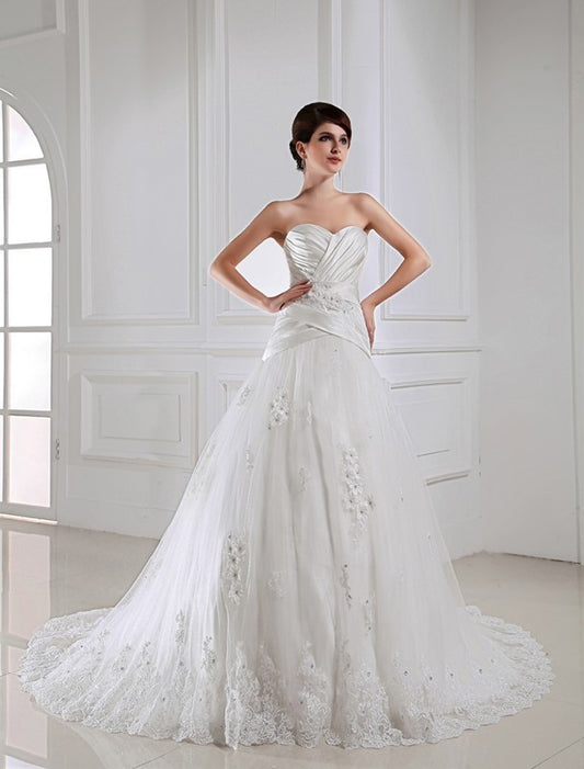 A-Line/Princess Beading Applique Sweetheart Sleeveless Satin Tulle Wedding Dresses DFP0006860