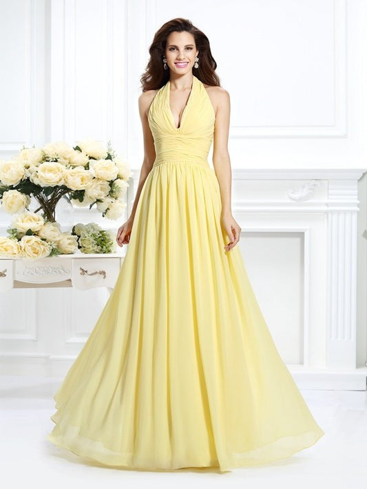 A-Line/Princess Halter Pleats Sleeveless Long Chiffon Bridesmaid Dresses DFP0002801
