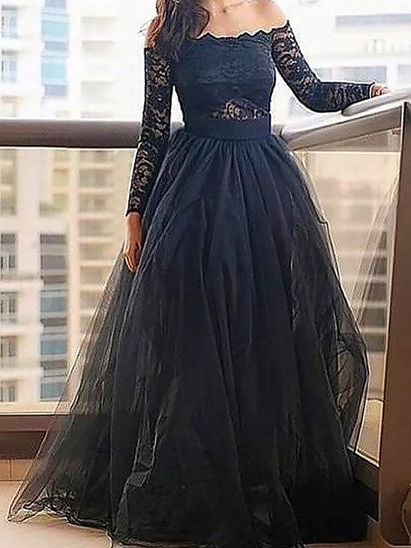 A-Line/Princess Off-the-Shoulder Long Sleeves Lace Floor-Length Tulle Dresses DFP0002025