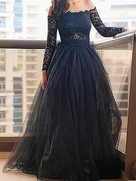 A-Line/Princess Off-the-Shoulder Long Sleeves Lace Floor-Length Tulle Dresses DFP0002025