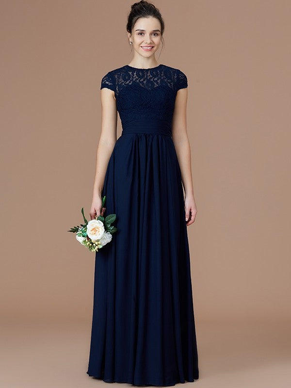 A-Line/Princess Jewel Short Sleeves Lace Floor-Length Chiffon Bridesmaid Dresses DFP0005179