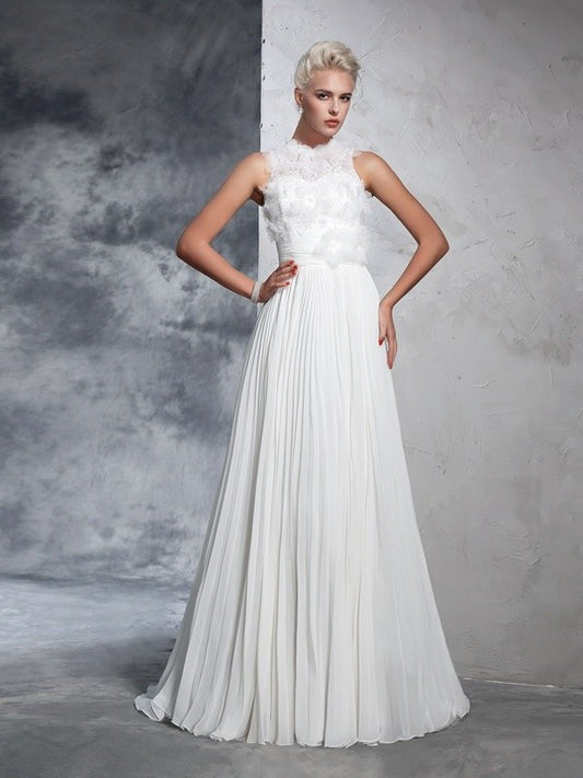 A-Line/Princess High Neck Pleats Sleeveless Long Chiffon Wedding Dresses DFP0006909