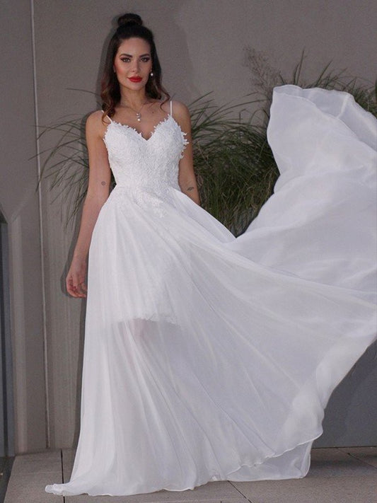 A-Line/Princess Applique Chiffon V-neck Sleeveless Sweep/Brush Train Wedding Dresses DFP0006445