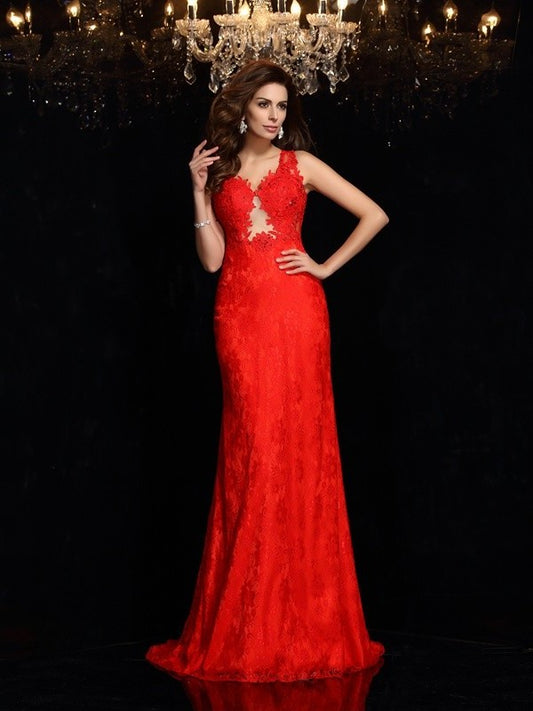 Sheath/Column V-neck Lace Sleeveless Long Satin Dresses DFP0003300