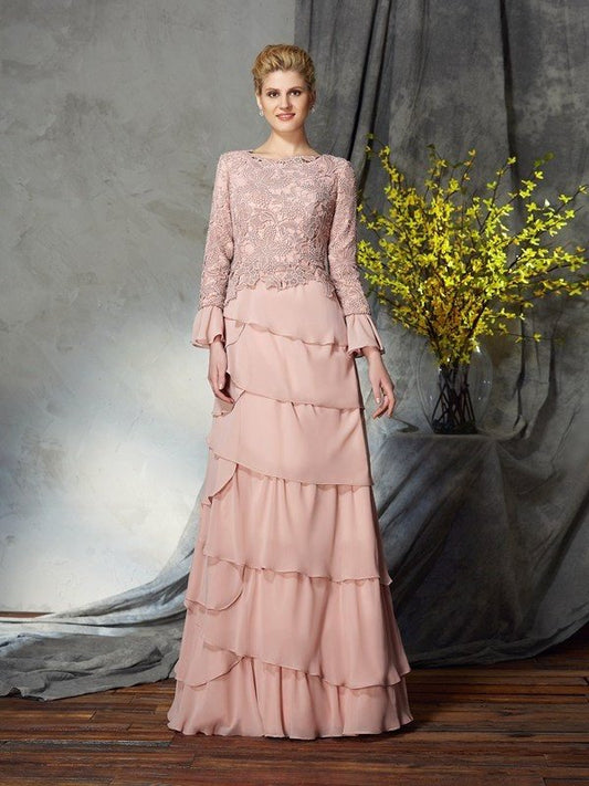 Sheath/Column Scoop Ruffles Long Sleeves Long Chiffon Mother of the Bride Dresses DFP0007282