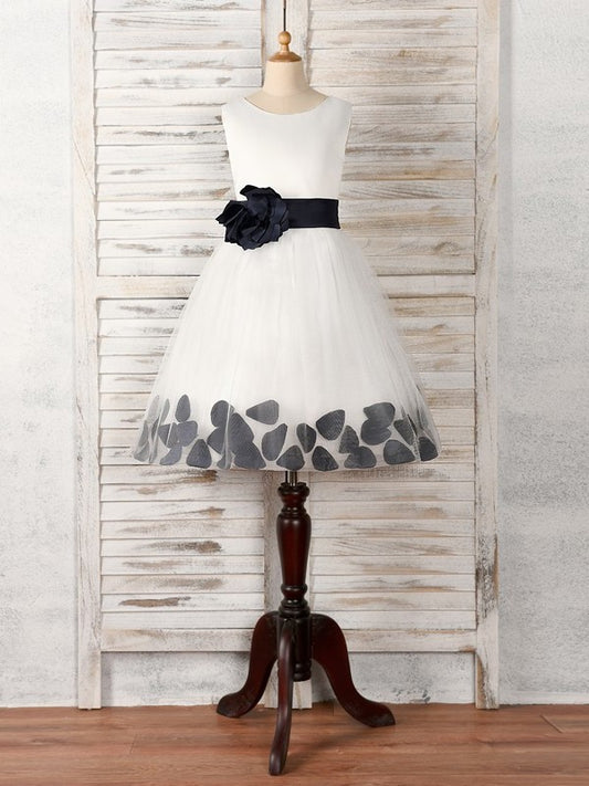 A-Line/Princess Tulle Hand-Made Flower Scoop Sleeveless Tea-Length Flower Girl Dresses DFP0007528