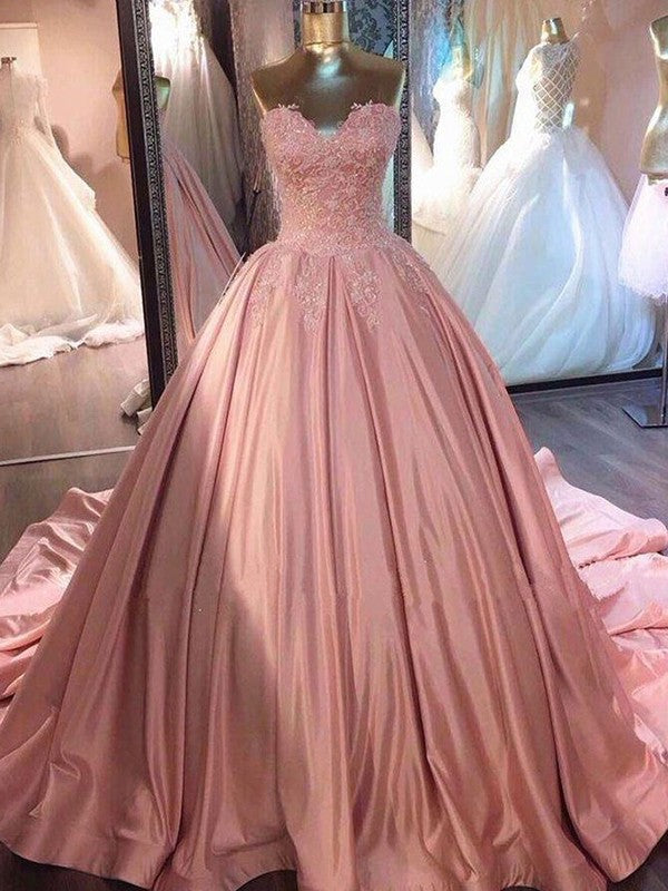 Ball Gown Sleeveless Sweetheart Court Train Lace Satin Dresses DFP0001701