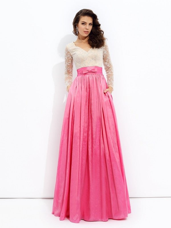 A-line/Princess V-neck Lace Long Sleeves Long Taffeta Dresses DFP0002868