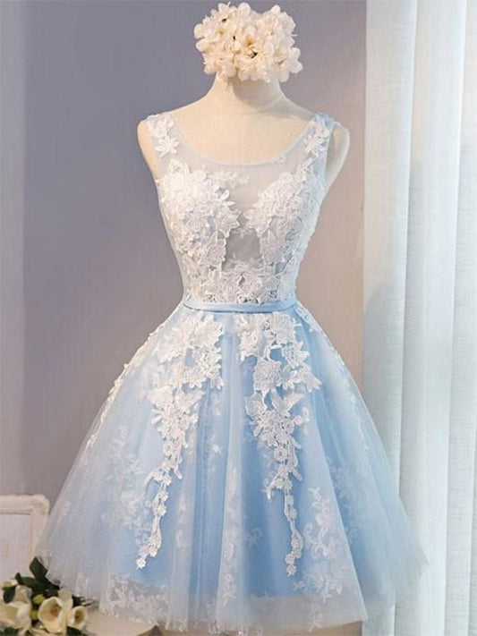 A-Line/Princess Tulle Applique Scoop Sleeveless Short/Mini Homecoming Dresses DFP0004144