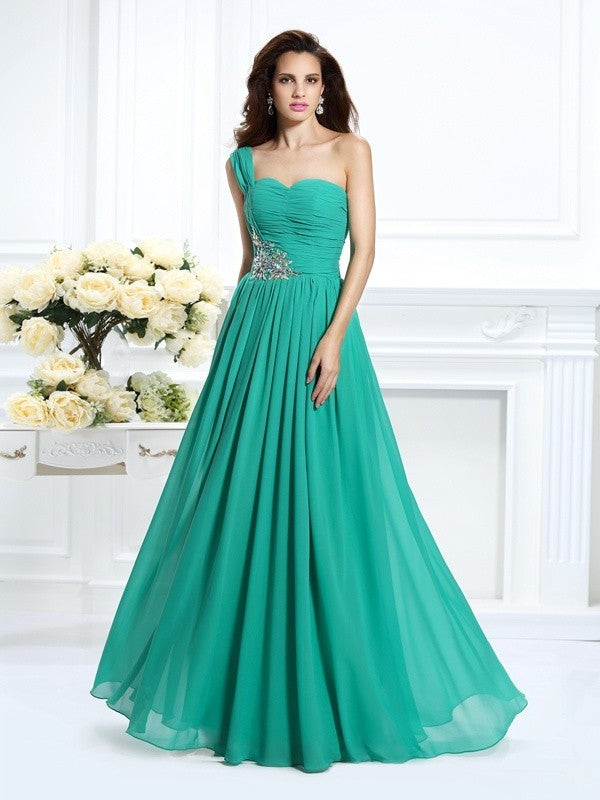 A-Line/Princess One-Shoulder Beading Sleeveless Long Chiffon Dresses DFP0004142