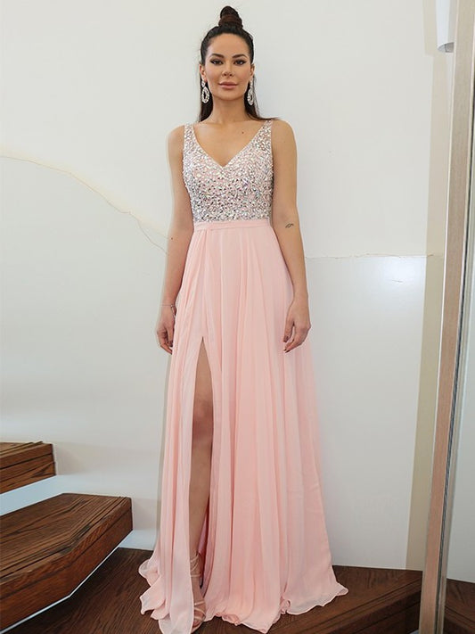 A-Line/Princess Straps Beading Sleeveless Chiffon Floor-Length Dresses DFP0001512