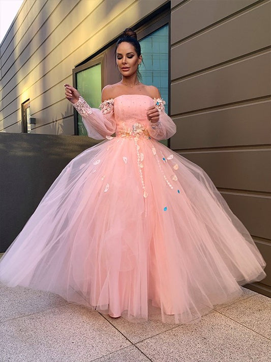 Ball Gown Hand-Made Flower Tulle Long Sleeves Off-the-Shoulder Floor-Length Dresses DFP0001485