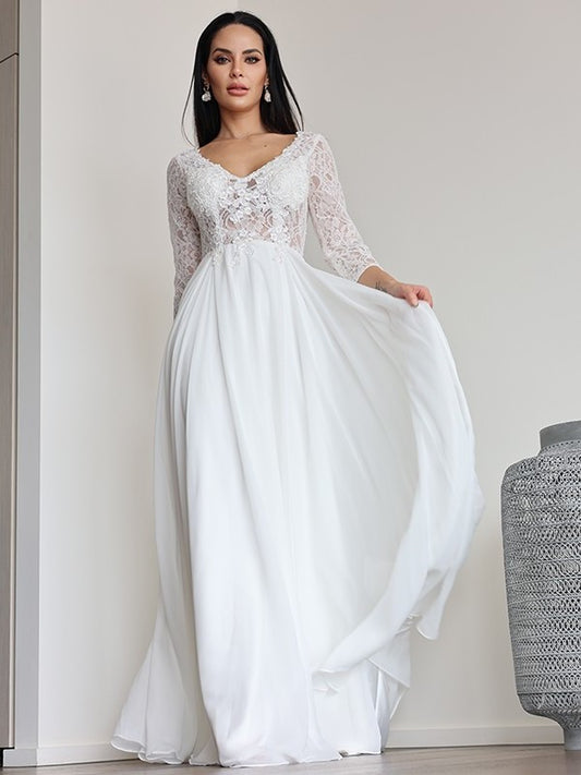 A-Line/Princess Chiffon Lace V-neck 3/4 Sleeves Floor-Length Wedding Dresses DFP0007031
