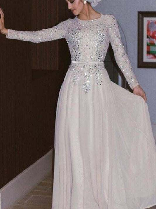 A-Line/Princess Long Sleeves Scoop Floor-Length Crystal Chiffon Muslim Dresses DFP0002617
