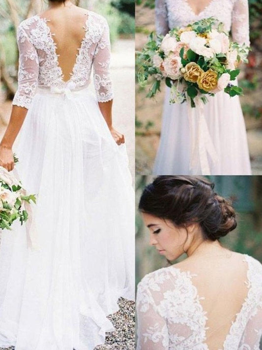 A-Line/Princess 1/2 Sleeves V-neck Floor-Length Applique Lace Chiffon Wedding Dresses DFP0006413