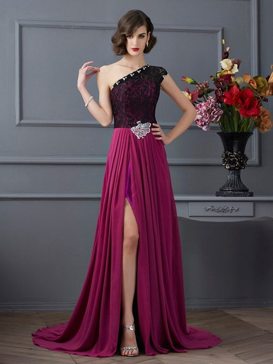 A-Line/Princess One-Shoulder Sleeveless Lace Long Chiffon Dresses DFP0003157