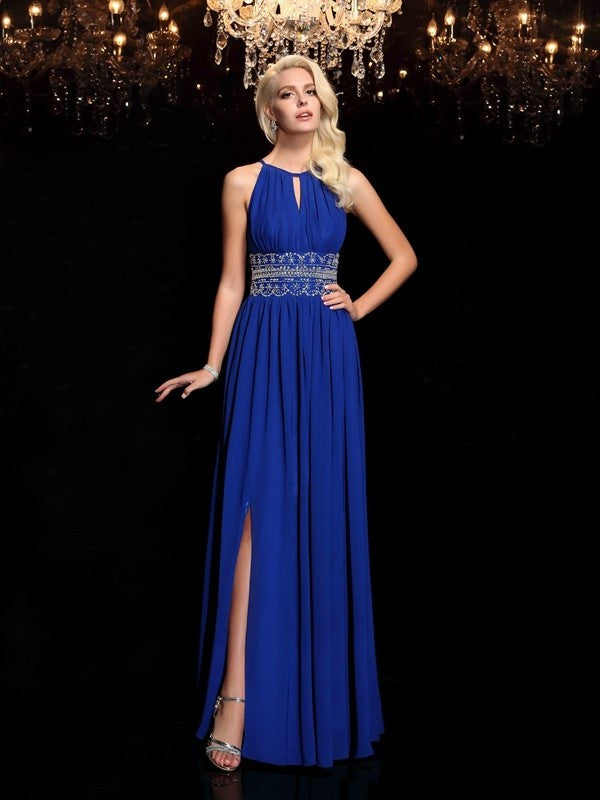 A-line/Princess Jewel Beading Sleeveless Long Chiffon Dresses DFP0003108